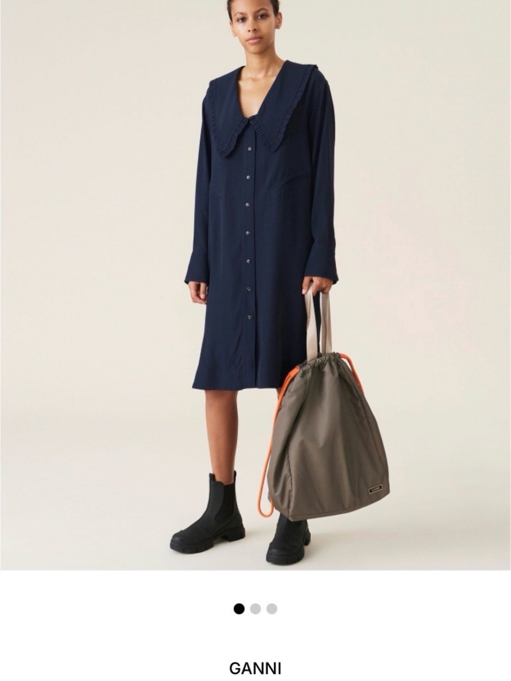 Ganni Ripstop Navy Button-Front Dress with Ruffle Collar